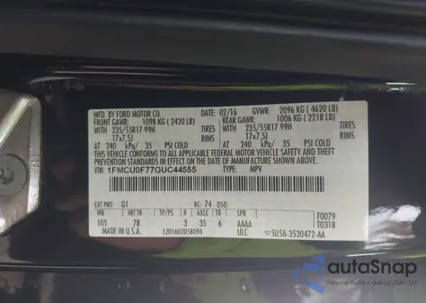 2016 Ford Escape S из США, поврежденный, VIN 1FMCU0F77GUC44555